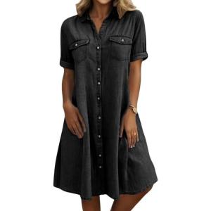 imagechouyatou Womens Summer Short Sleeve Denim Shirt Dress Business Casual Button Down Midi Long Jean DressBlack