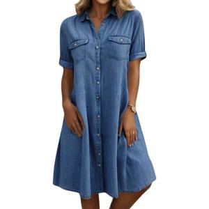 imagechouyatou Womens Summer Short Sleeve Denim Shirt Dress Business Casual Button Down Midi Long Jean DressDark Blue