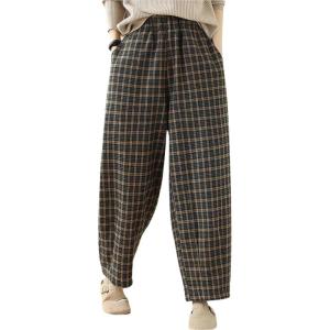 imagechouyatou Womens Winter Plaid Wool Blend Pant Fleece Lined Harem Pant Elastic High Waist Wide Leg TrouserPlaid