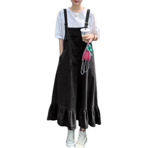 imagechouyatou Womens Y2K Cute Ruffle Denim Overall Jean Dress Distressed Flared Maxi long Bib Jumper DressBlack