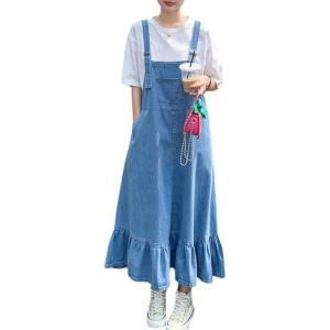 imagechouyatou Womens Y2K Cute Ruffle Denim Overall Jean Dress Distressed Flared Maxi long Bib Jumper DressBlue