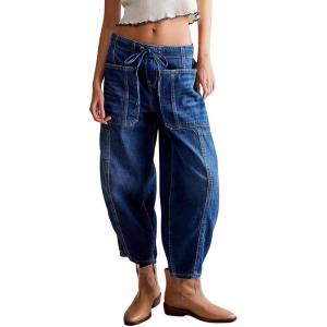 imagechouyatou Womens Y2k Baggy Barrel Jeans Drawstring Waist Boyfriend Wide Leg Loose Capri Denim Pants with PocketsDark Blue