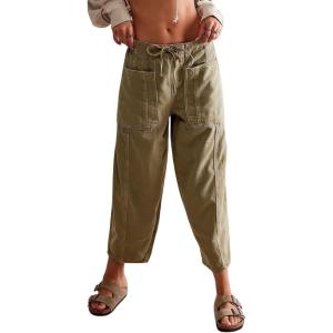 imagechouyatou Womens Y2k Baggy Barrel Jeans Drawstring Waist Boyfriend Wide Leg Loose Capri Denim Pants with PocketsGreen