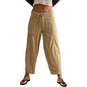 imagechouyatou Womens Y2k Baggy Barrel Jeans Drawstring Waist Boyfriend Wide Leg Loose Capri Denim Pants with PocketsKhaki