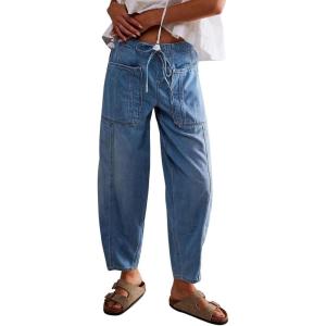 imagechouyatou Womens Y2k Baggy Barrel Jeans Drawstring Waist Boyfriend Wide Leg Loose Capri Denim Pants with PocketsLight Blue