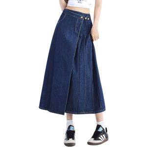imagechouyatou Womens Y2k Irregular Denim Skirt High Elastic Waist Pleated ALine Midi Long Jean SkirtDark Blue
