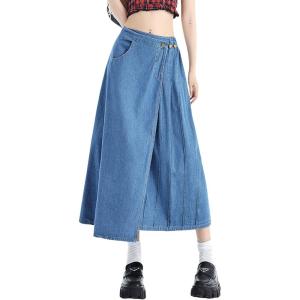 imagechouyatou Womens Y2k Irregular Denim Skirt High Elastic Waist Pleated ALine Midi Long Jean SkirtLight Blue