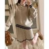 imagechouyatou Womens 2 Piece Outfits Long Sleeve Striped Polo Collared Sweater and Pleated Mini Knit Skirt SetsApricot