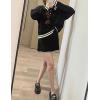 imagechouyatou Womens 2 Piece Outfits Long Sleeve Striped Polo Collared Sweater and Pleated Mini Knit Skirt SetsBlack