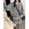 imagechouyatou Womens 2 Piece Outfits Long Sleeve Striped Polo Collared Sweater and Pleated Mini Knit Skirt SetsGray