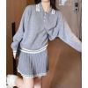 imagechouyatou Womens 2 Piece Outfits Long Sleeve Striped Polo Collared Sweater and Pleated Mini Knit Skirt SetsGray