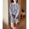 imagechouyatou Womens 2 Piece Outfits Long Sleeve Striped Polo Collared Sweater and Pleated Mini Knit Skirt SetsGray