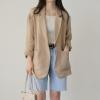 imagechouyatou Womens Business Casual Blazer Cotton Linen Office Loose Fit Notch Neck Open Front Jacket CoatKhaki