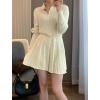 imagechouyatou Womens Cable Knit 2 Piece Outfits Cropped Polo Collared Sweater and Pleated Mini Skirt SetsBeige