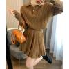imagechouyatou Womens Cable Knit 2 Piece Outfits Cropped Polo Collared Sweater and Pleated Mini Skirt SetsBrown