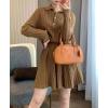 imagechouyatou Womens Cable Knit 2 Piece Outfits Cropped Polo Collared Sweater and Pleated Mini Skirt SetsBrown