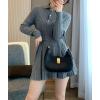 imagechouyatou Womens Cable Knit 2 Piece Outfits Cropped Polo Collared Sweater and Pleated Mini Skirt SetsGray