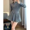 imagechouyatou Womens Cable Knit 2 Piece Outfits Cropped Polo Collared Sweater and Pleated Mini Skirt SetsGray