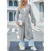 imagechouyatou Womens Fall Casual Open Front Cardigan Dressy Knitted Long Sweater Coat with BeltGrey