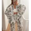 imagechouyatou Womens Floral Print 2 Piece Outfits Button Down Shirt Wide Leg Pants Casual Lounge Matching SetDark Gray