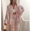 imagechouyatou Womens Floral Print 2 Piece Outfits Button Down Shirt Wide Leg Pants Casual Lounge Matching SetPink