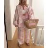 imagechouyatou Womens Floral Print 2 Piece Outfits Button Down Shirt Wide Leg Pants Casual Lounge Matching SetPink