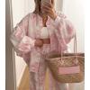 imagechouyatou Womens Floral Print 2 Piece Outfits Button Down Shirt Wide Leg Pants Casual Lounge Matching SetPink