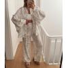 imagechouyatou Womens Floral Print 2 Piece Outfits Button Down Shirt Wide Leg Pants Casual Lounge Matching SetWhite