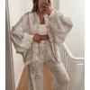 imagechouyatou Womens Floral Print 2 Piece Outfits Button Down Shirt Wide Leg Pants Casual Lounge Matching SetWhite