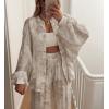 imagechouyatou Womens Floral Print 2 Piece Outfits Button Down Shirt Wide Leg Pants Casual Lounge Matching SetWhite