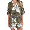 imagechouyatou Womens Summer Floral 2 Piece Outfits Button Down Shirt Wide Leg Shorts Boho Vacation Matching SetOlive Green