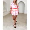 imagechouyatou Womens Summer Floral 2 Piece Outfits Button Down Shirt Wide Leg Shorts Boho Vacation Matching SetRed Striped
