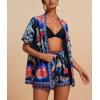imagechouyatou Womens Summer Floral 2 Piece Outfits Open Front Cardigan Shirt Boho Vacation Wide Leg Shorts SetBlack