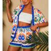imagechouyatou Womens Summer Floral 2 Piece Outfits Open Front Cardigan Shirt Boho Vacation Wide Leg Shorts SetBlue