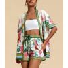 imagechouyatou Womens Summer Floral 2 Piece Outfits Open Front Cardigan Shirt Boho Vacation Wide Leg Shorts SetGreen