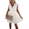imagechouyatou Womens Summer Lace Floral 2 Piece Outfits Button Down Top Tiered Ruffle Mini Skirt Matching SetBeige White