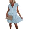 imagechouyatou Womens Summer Lace Floral 2 Piece Outfits Button Down Top Tiered Ruffle Mini Skirt Matching SetLight Blue