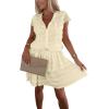 imagechouyatou Womens Summer Lace Floral 2 Piece Outfits Button Down Top Tiered Ruffle Mini Skirt Matching SetLight Yellow