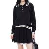 imagechouyatou Womens 2 Piece Outfits Long Sleeve Striped Polo Collared Sweater and Pleated Mini Knit Skirt SetsBlack