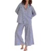 imagechouyatou Womens 2 Piece Outfits Striped Button Down Shirt and Wide Leg Pant Pajamas Sets LoungewearBlue