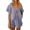 imagechouyatou Womens 2 Piece Sets Gingham Shorts Outfits Plaid Bow Tie Shirt Loungewear Pajama SetsDark Blue