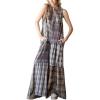 imagechouyatou Womens Baggy Color Block Plaid Wide Leg Romper Gingham Button Down Jumpsuit Overall PantsGrey