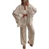 imagechouyatou Womens Floral Print 2 Piece Outfits Button Down Shirt Wide Leg Pants Casual Lounge Matching SetWhite