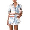 imagechouyatou Womens Summer Floral 2 Piece Outfits Button Down Shirt Wide Leg Shorts Boho Vacation Matching SetBlue