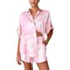 imagechouyatou Womens Summer Floral 2 Piece Outfits Button Down Shirt Wide Leg Shorts Boho Vacation Matching SetPink