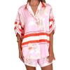 imagechouyatou Womens Summer Floral 2 Piece Outfits Button Down Shirt Wide Leg Shorts Boho Vacation Matching SetRed Striped