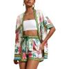 imagechouyatou Womens Summer Floral 2 Piece Outfits Open Front Cardigan Shirt Boho Vacation Wide Leg Shorts SetGreen
