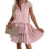 imagechouyatou Womens Summer Lace Floral 2 Piece Outfits Button Down Top Tiered Ruffle Mini Skirt Matching SetPink