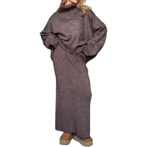 imagechouyatou Womens 2 Piece Knitwear Sets Slouchy Sweater Maxi Bodycon Skirt Two Piece Sweater Skirt OutfitsCoffee