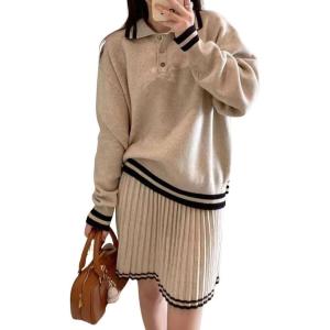 imagechouyatou Womens 2 Piece Outfits Long Sleeve Striped Polo Collared Sweater and Pleated Mini Knit Skirt SetsApricot